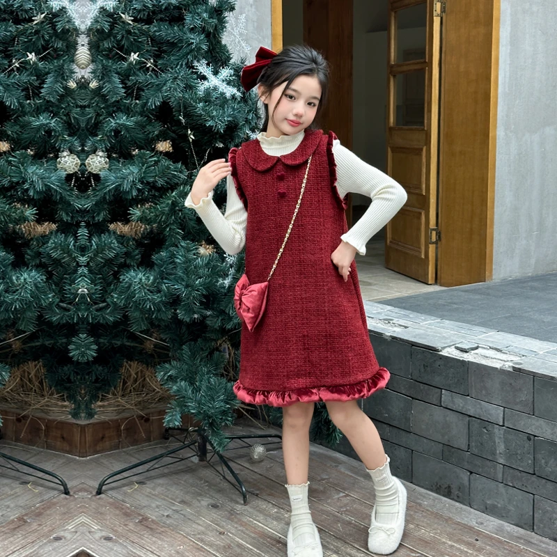女童拜年服连衣裙加绒秋冬装2024新款洋气中大儿童背心裙子加厚潮