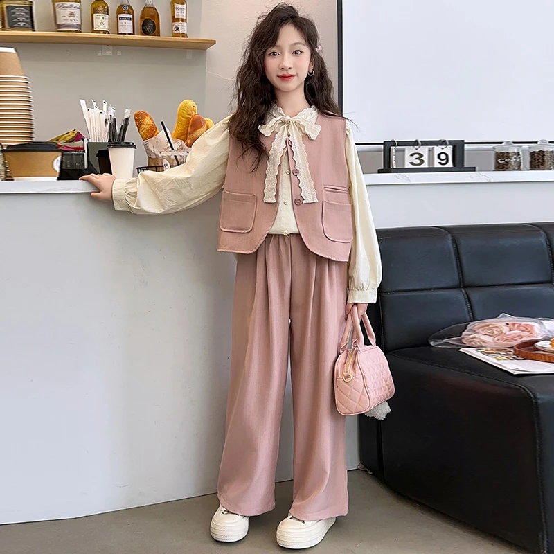 女童马甲三件套秋装2025新款洋气中大儿童套装韩版时尚女孩衣服潮