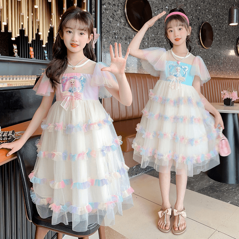 女童连衣裙夏装2024新款洋气爱莎儿童夏天女孩夏季彩色公主纱裙子