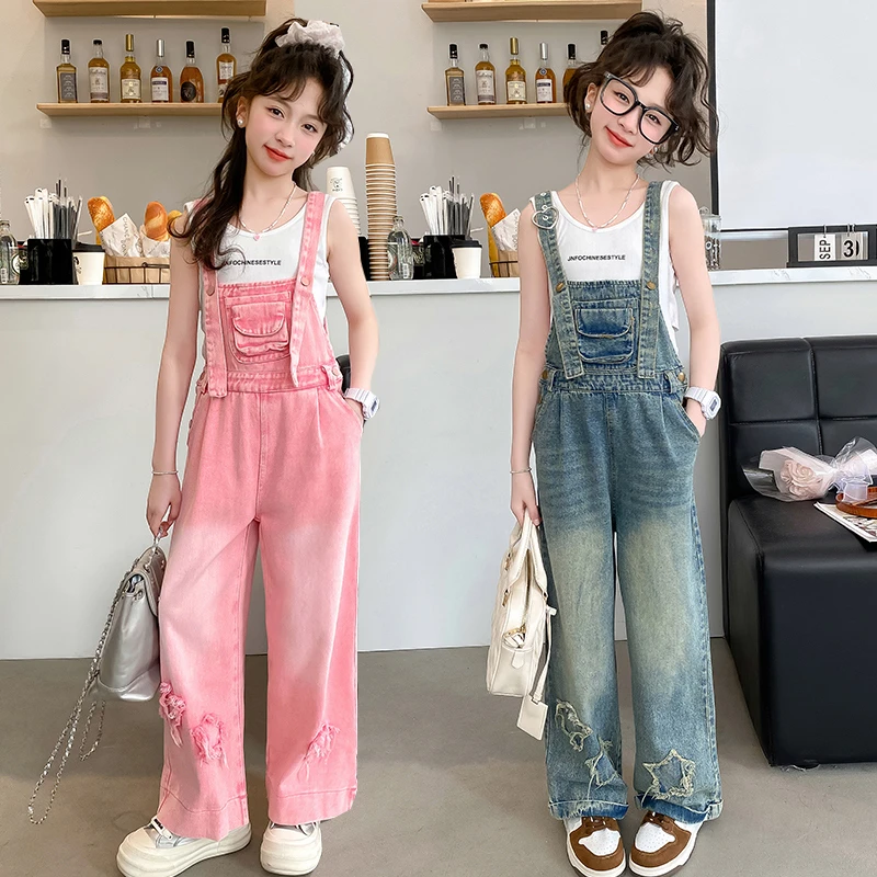 女童牛仔背带裤夏装2025新款洋气中大儿童女孩时尚吊带长裤子薄款