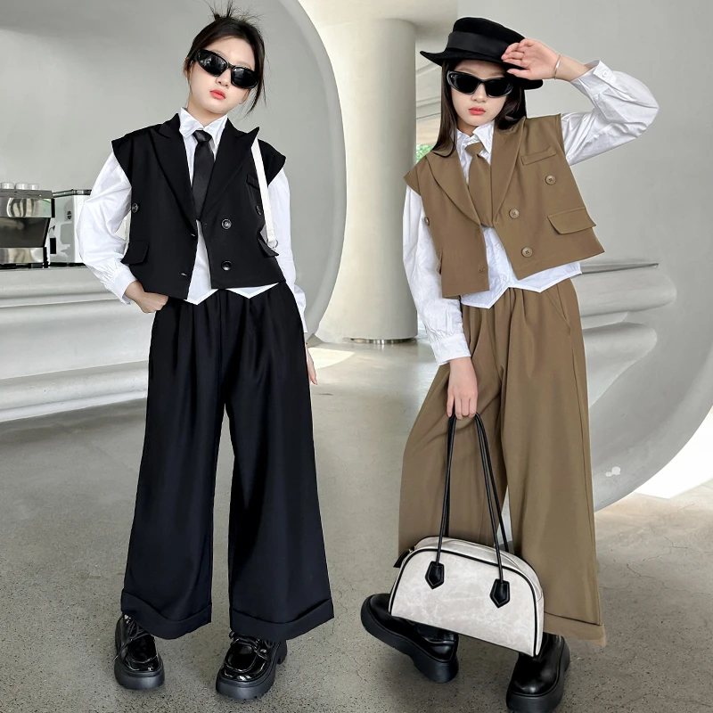 女童西装马甲三件套春装2025新款洋气中大儿童韩版休闲套装春秋季