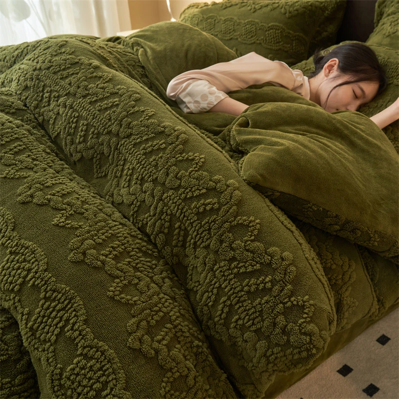 無印良品【费爷专属】塔芙牛奶绒提花四件套棋盘格亲肤保暖抗静电