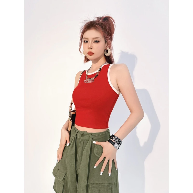 吊带背心女带胸垫撞色美式显瘦甜酷辣妹内搭打底运动瑜伽健身美背