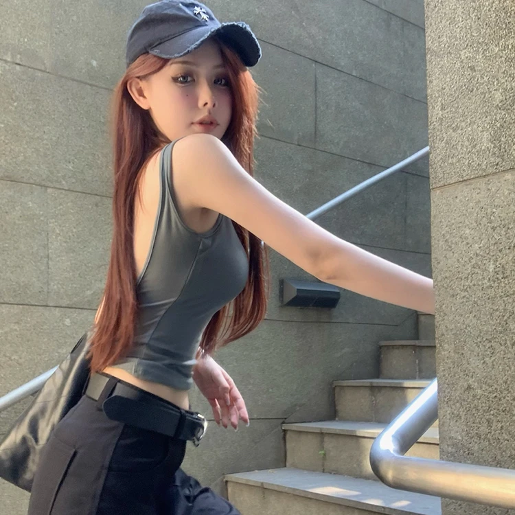 健身带胸垫短款工字运动背心女夏季外穿遮副乳辣妹露美背无袖上衣