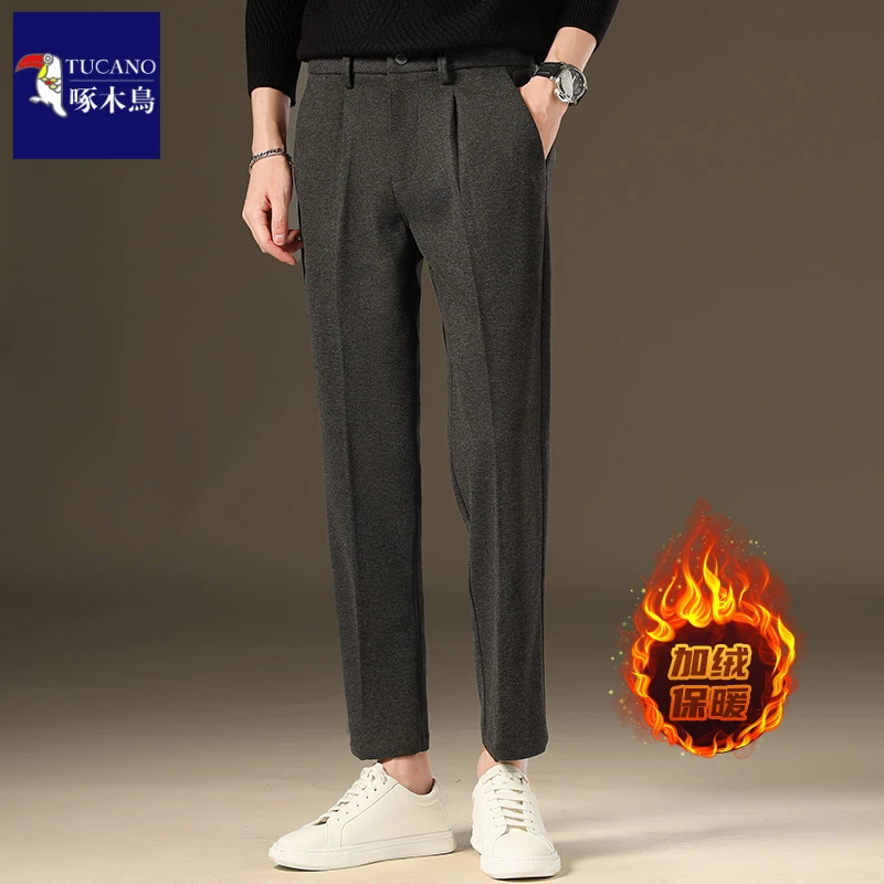 啄木鸟秋冬季九分休闲裤男潮牌毛呢加绒西裤加厚男装修身长裤子