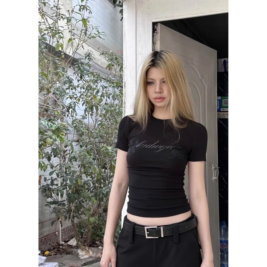 夏季辣妹烫钻猫爪正肩圆领短袖T恤女修身上衣夏天显瘦上衣女夏季