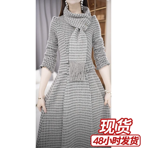 【连衣裙】冬季设计感围巾领收腰显瘦中长款连衣裙M-4XL