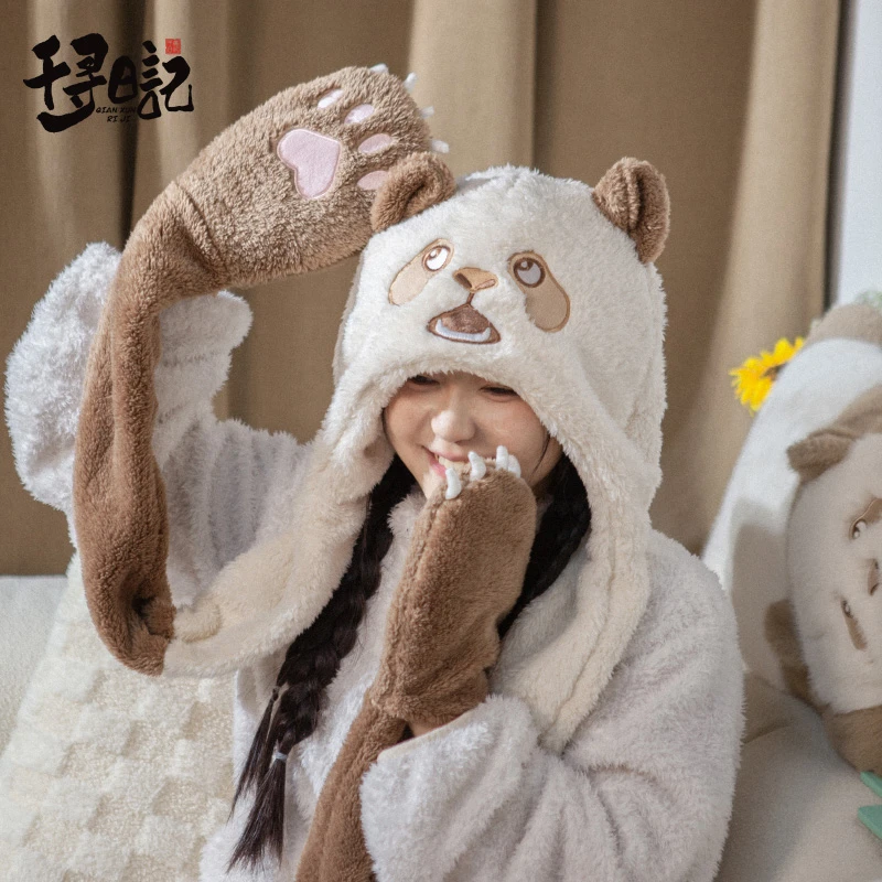 熊猫帽子秋冬女围巾手套三合一连帽冬季围脖可爱仿真保暖毛绒护耳