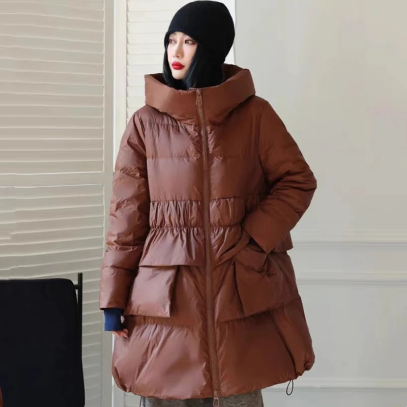 2023反季90休闲中长款羽绒服女冬季新款收腰木耳边显瘦连帽外套