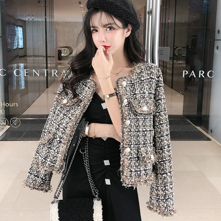 8802小香风短款小个子外套上衣韩版时尚百搭粗花呢短外套