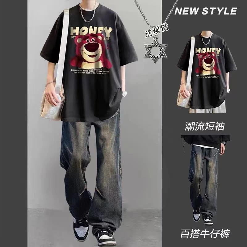 学生帅气潮流休闲夏季男套装男薄款短袖体恤男生一整套牛仔裤搭配