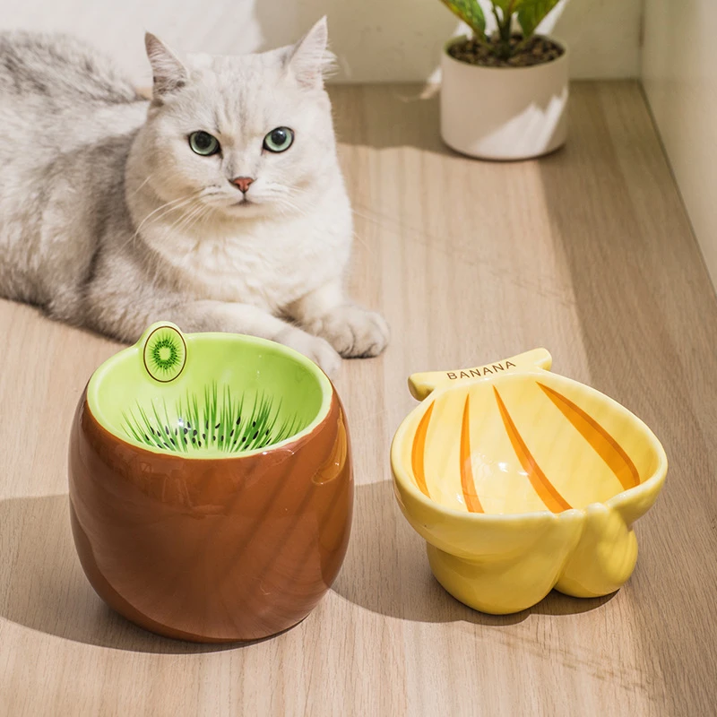 陶瓷猫碗水果造型创意可爱高脚斜口猫咪食盆饮水碗小型犬狗狗饭碗