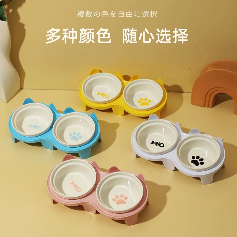 猫碗陶瓷小猫护颈饭碗黑色猫咪碗幼猫食盆双碗斜口碗幼犬小狗食盆