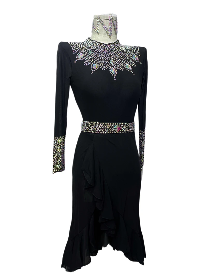 拉丁舞赛服全钻长袖连体裙Q106