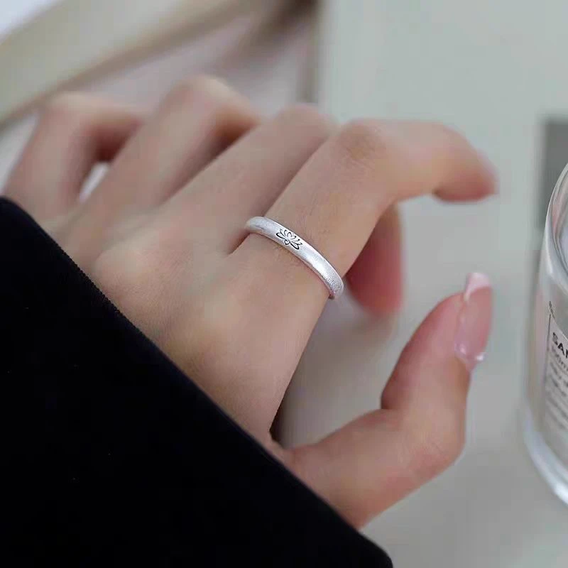 足银戒指 白莲花手工拉丝古法银990纯银莲花民族风可调节简约戒指