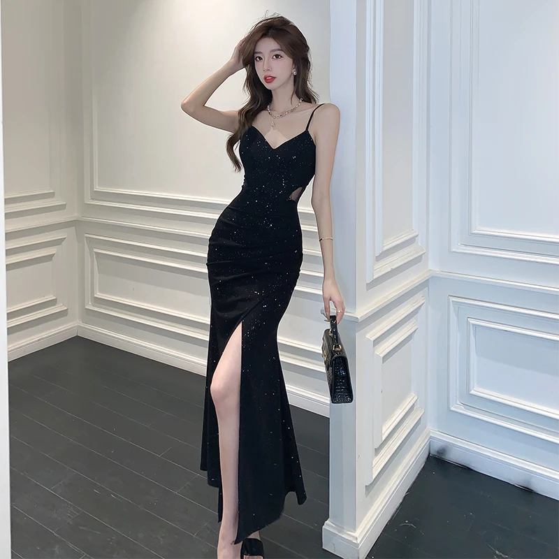 纯欲v领小众吊带连衣裙女夏黑色女装高开叉包臀长裙礼服女士裙子