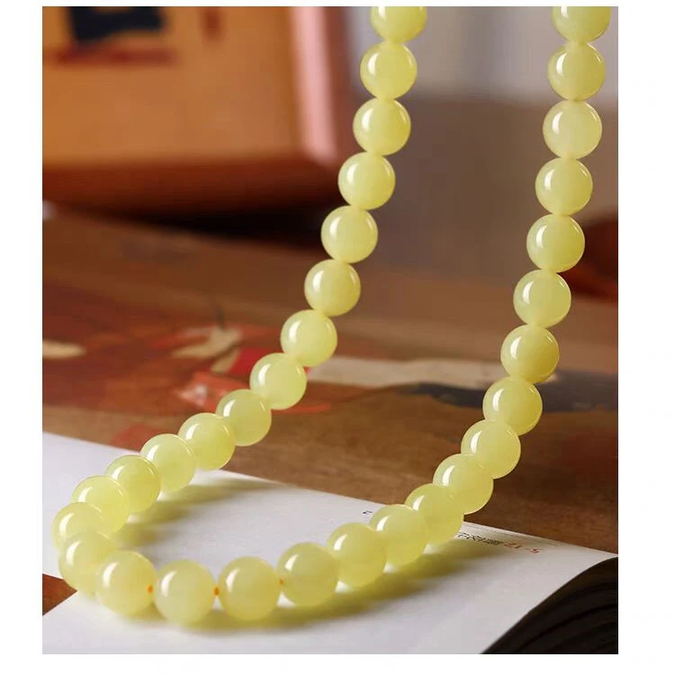 天然和田玉新疆若羌黄口料圆珠项链黄口料玉珠项链精品送妈妈礼物
