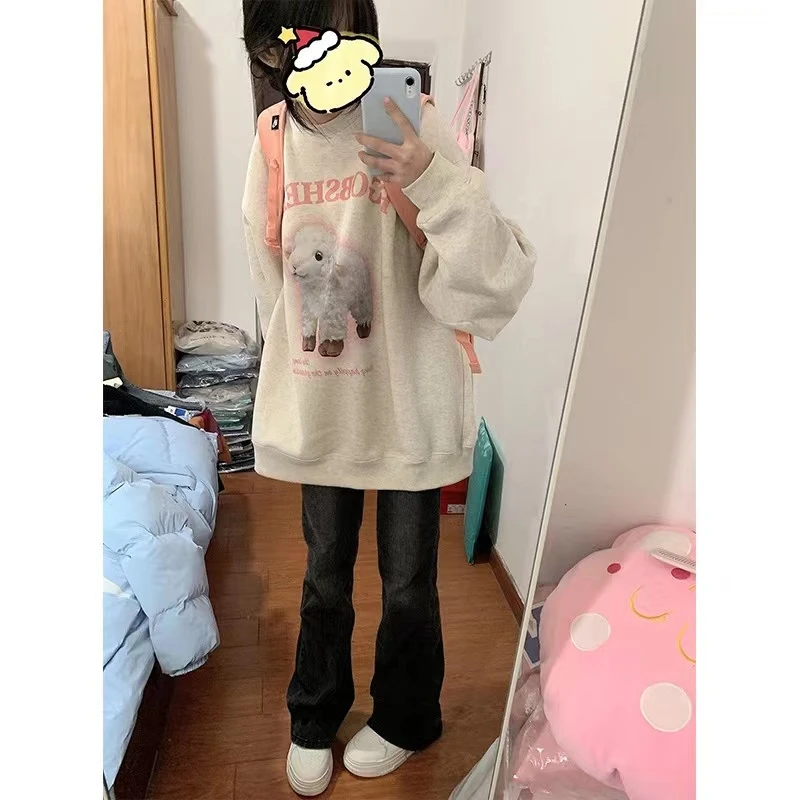 美式复古小个子灰色卫衣女春秋2024新款oversize圆领港味chic上衣