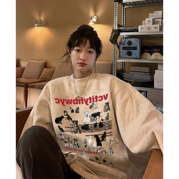 美式复古可爱狗狗印花套头卫衣秋季国潮牌宽松重磅情侣外套卫衣