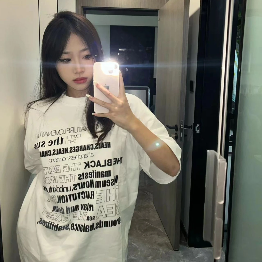 夏季100%纯棉美式复古国潮印花短袖T恤女宽松休闲甜辣纯欲上衣女