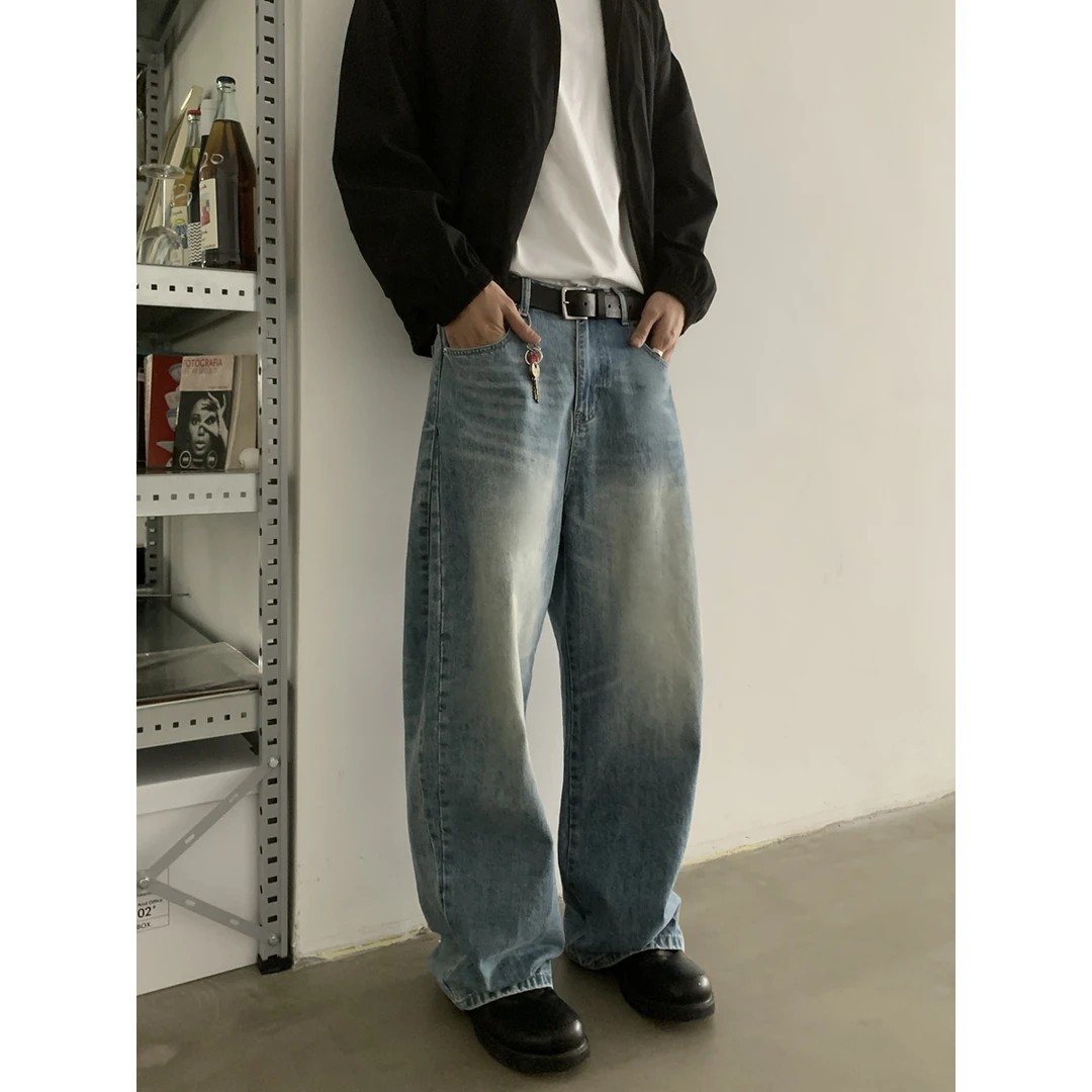 INKNOTS美式复古水洗做旧宽松弯刀牛仔裤男女潮牌直筒baggy休闲裤
