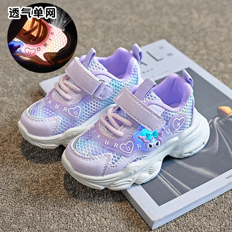 女童鞋子亮灯夏季单网面透气儿童休闲运动鞋中小童软底公主鞋女孩