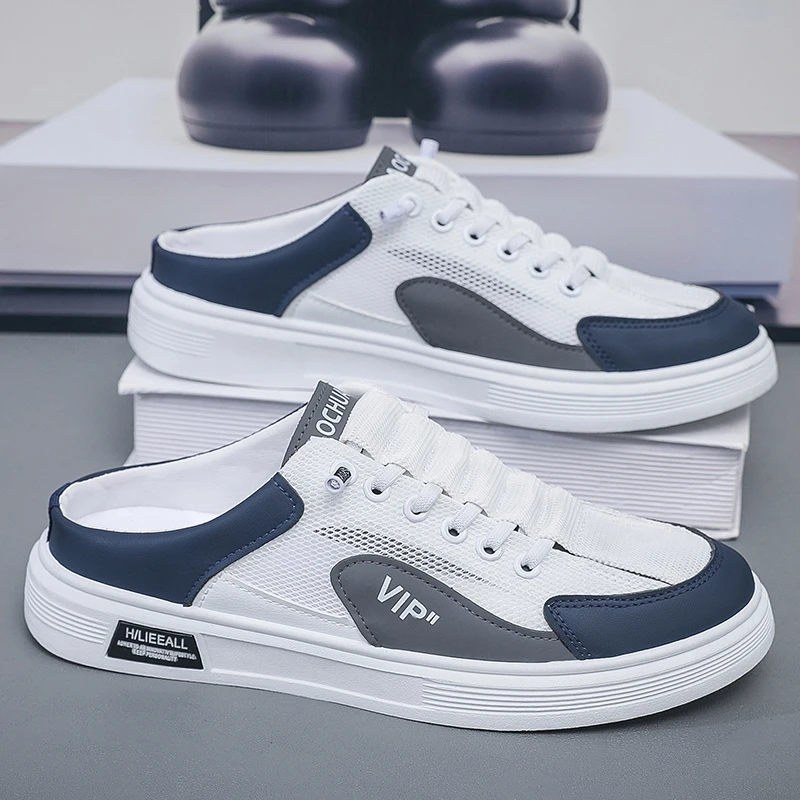 半拖鞋男夏季网面透气休闲运动凉鞋男款踩屎感懒人一脚蹬包头拖鞋