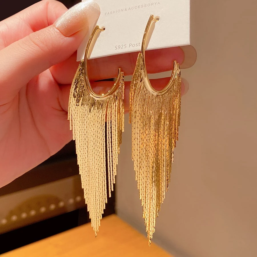 铜合金耳饰 夸张气质长款流苏耳环女高级感冷淡风小众大版耳钉