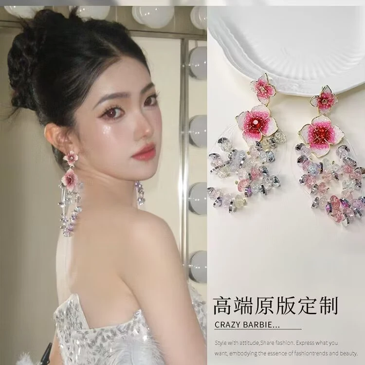 铜合金耳饰 新娘花朵流苏耳坠耳饰个性新中式复古夸张晨袍耳环女
