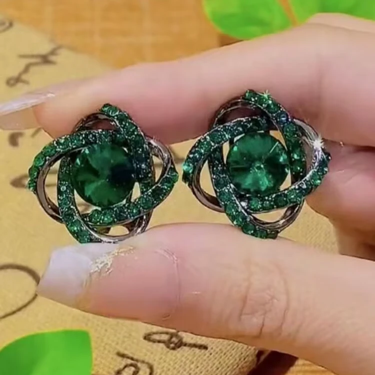 铜合金仿水晶耳饰 缠绕满钻绿水晶耳钉时尚网红耳环气质夸张耳饰