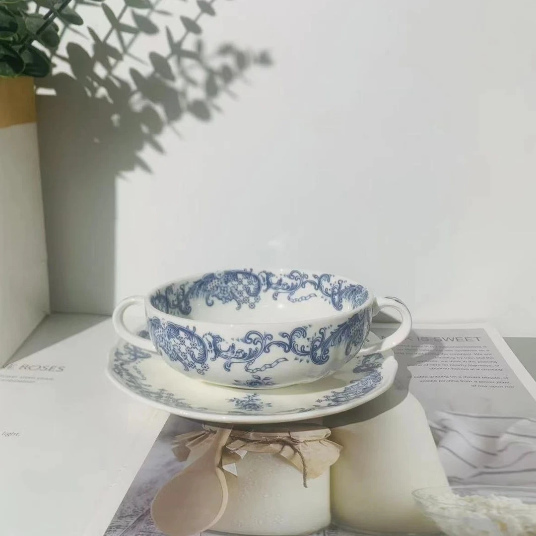 法式青花5英寸双耳奶昔碗套装
