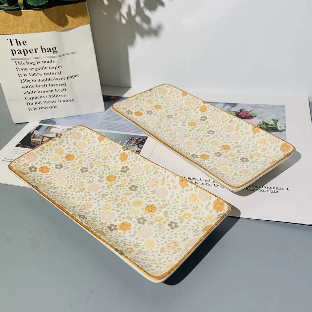 外贸陶瓷碎花8.5寸长方盘两个装