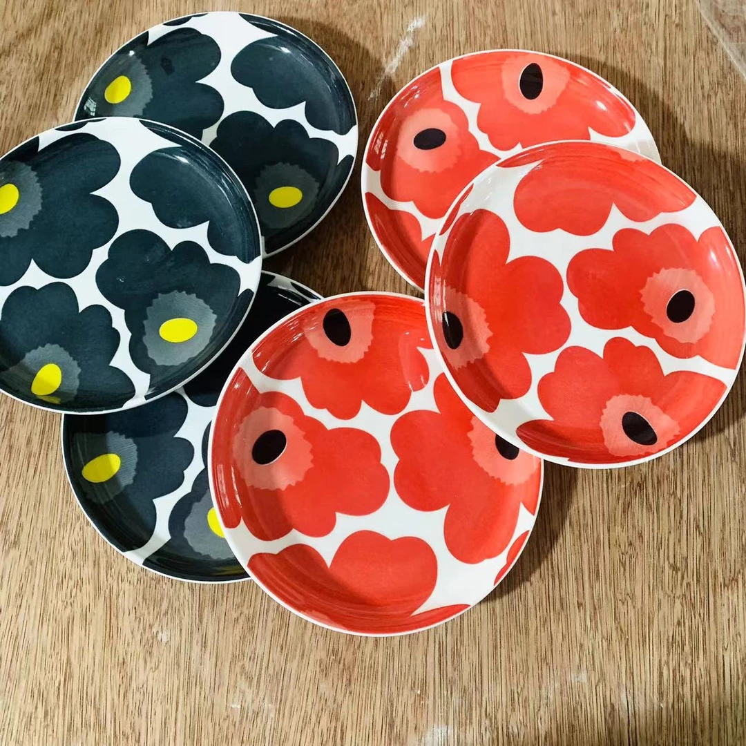 外贸陶瓷红黑花卉6英寸盘吐骨盘6个装