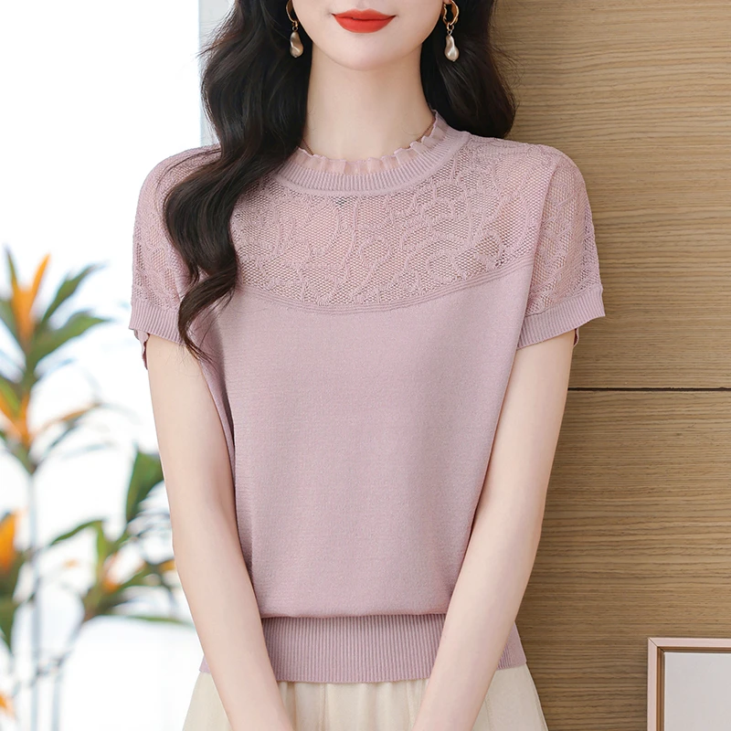 桑蚕丝宽松新款女装针织T恤衫镂空透气薄款套头短袖时尚圆领