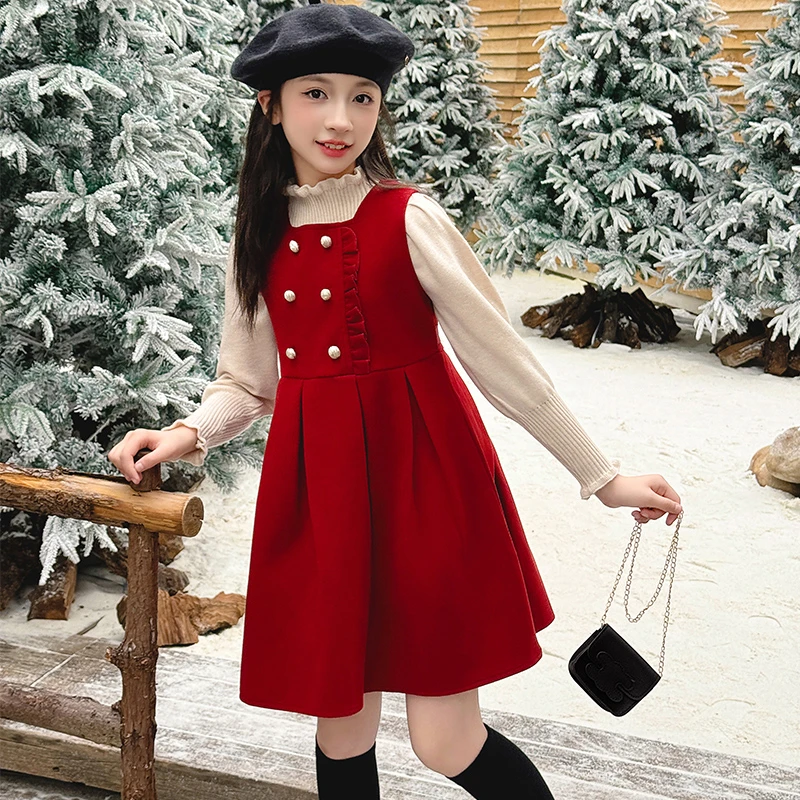 女童毛呢连衣裙套装秋冬新款儿童洋气新年红色拜年服中大童背心裙