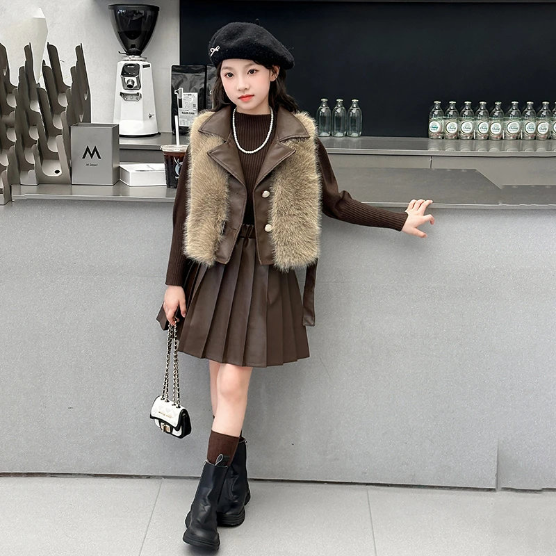 女童套装秋冬装2025新款洋气套装裙高端仿皮草马甲加厚皮裙三件套