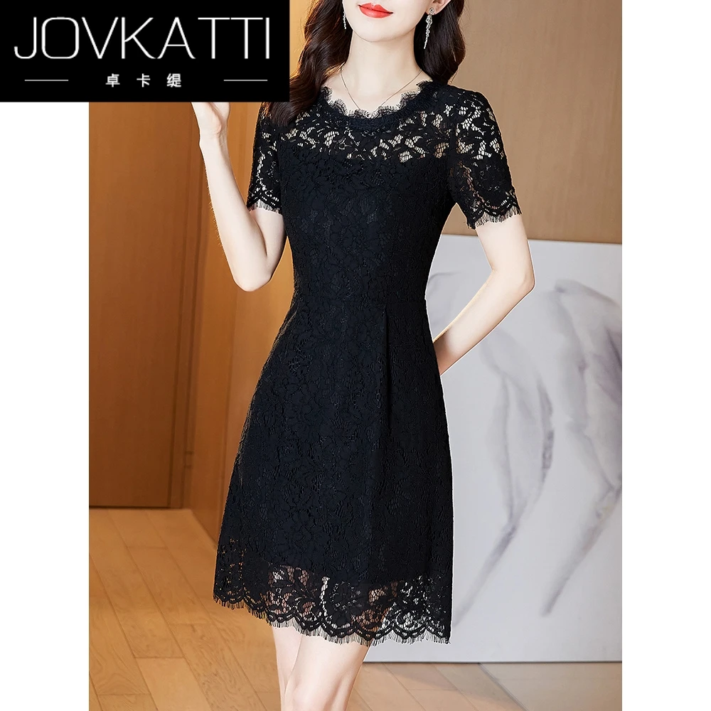 Jovkatti黑色蕾丝连衣裙裙子女夏新款气质名媛洋气减龄夏季
