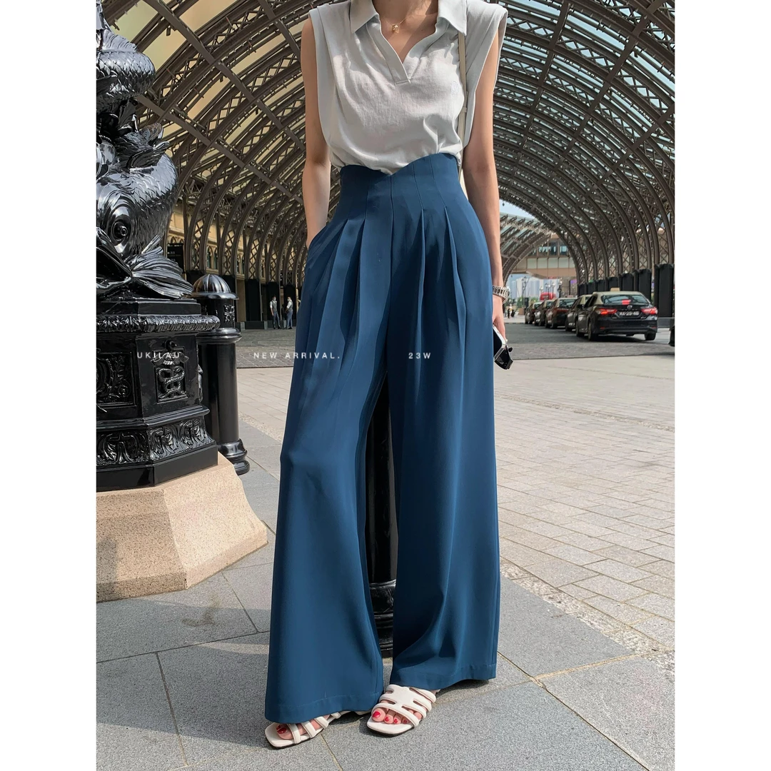 UKILAU海盐气泡水 蓝色气质高腰V口腰头西装裤女夏季简约阔腿裤子