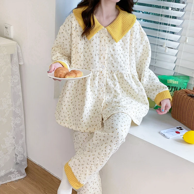 秋冬季纯棉月子服加厚哺乳衣空气棉孕妇睡衣外出产后喂奶夹棉套装