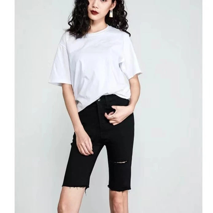 黑色牛仔中裤女高腰2023夏季新款紧身显瘦毛边直筒五分裤短裤夏季