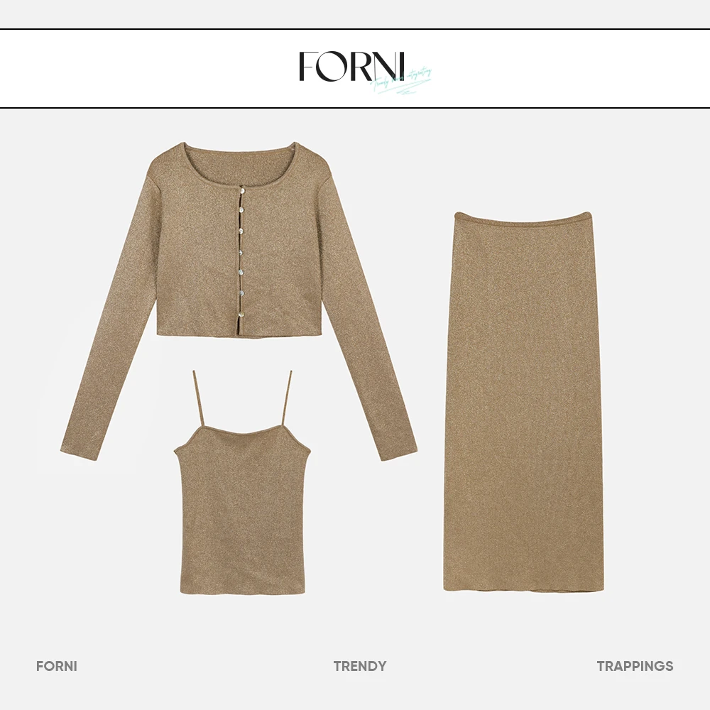 FORNI  摇晃曼卡 显瘦亮丝三件套气质轻奢中长款复古经典款