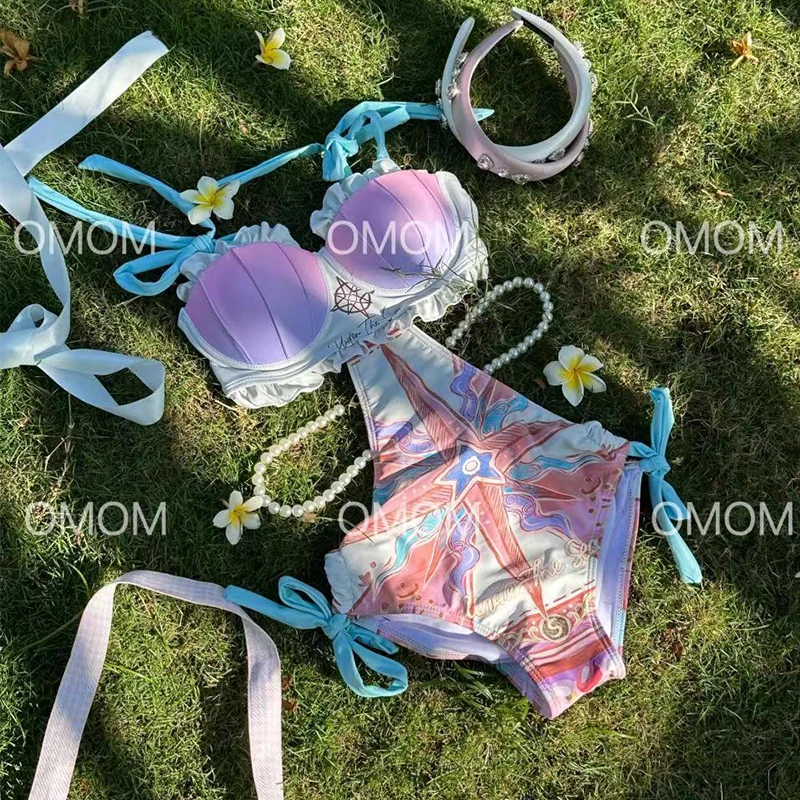 OMOM时尚性感泰国贝壳可爱连体泳衣女美背珍珠荷叶边性感小胸辣妹