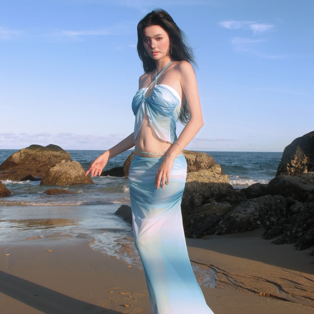 OMOM#######晕染抹胸挂脖长裙bikini三件套沙滩度假泳衣4110