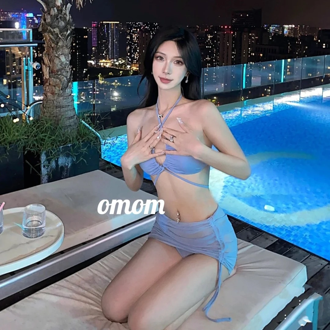 OMOM欧美风辣妹三件套度假性感绑带比基尼小胸聚拢泡温泉甜辣泳衣