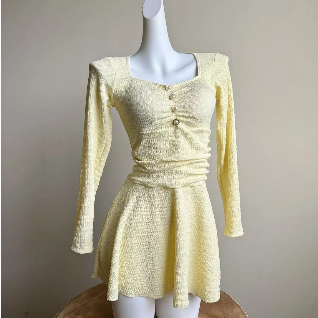 【芝士】长袖保守连体泳衣显瘦遮肚泡泡肌理面料温泉度假泳衣5091