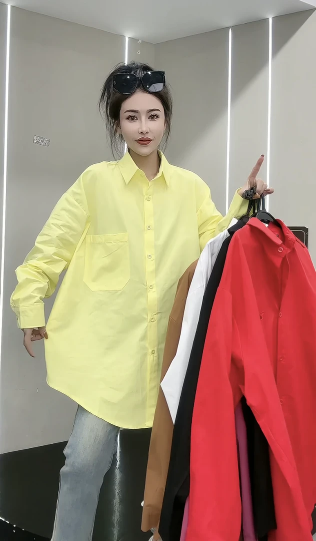 欧货冬季新款大版纯色口袋百搭洋气长袖衬衫时尚休闲气质衬衣