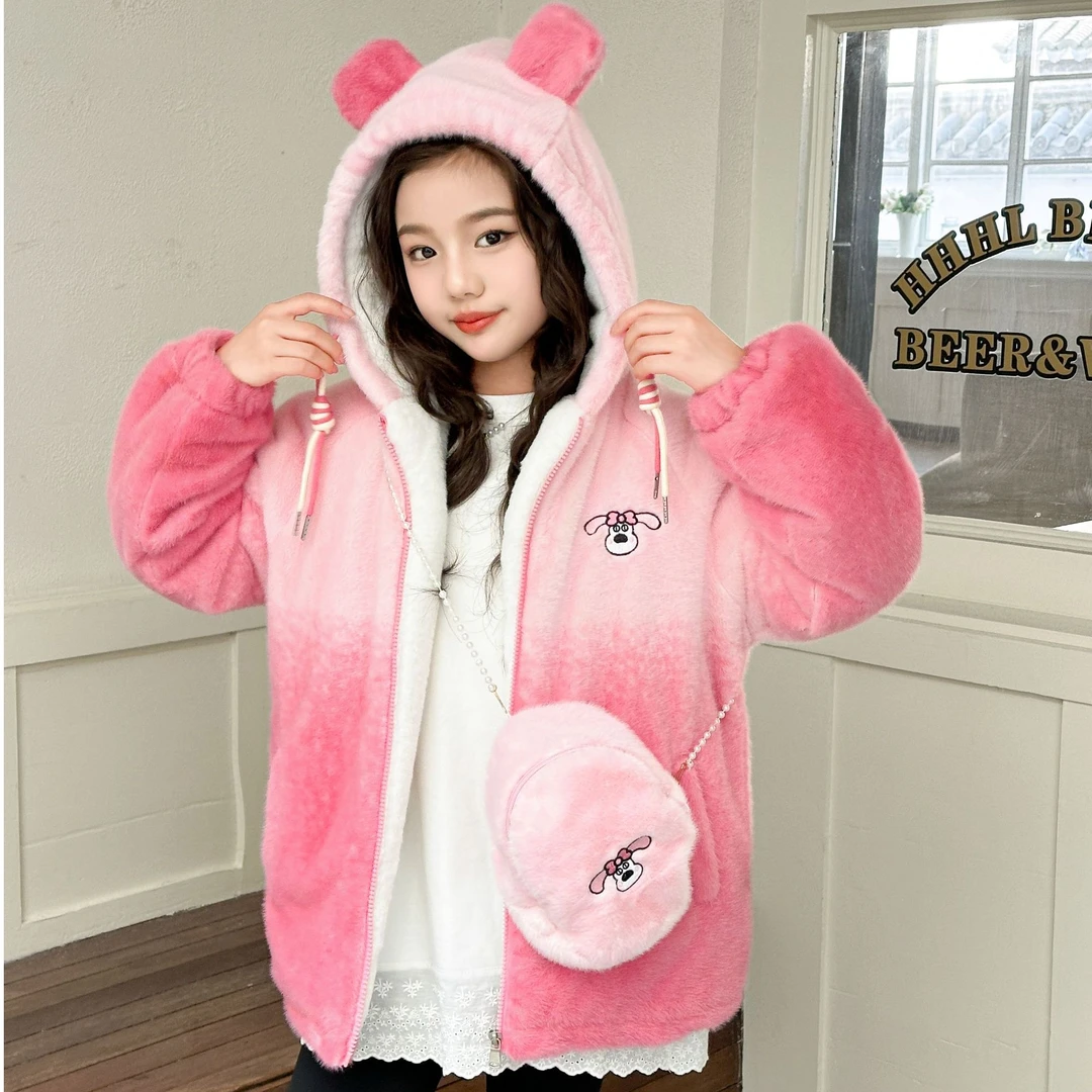 亲子装女童冬季新款加绒加厚连帽外套中大童毛毛衣渐变过年服战袍