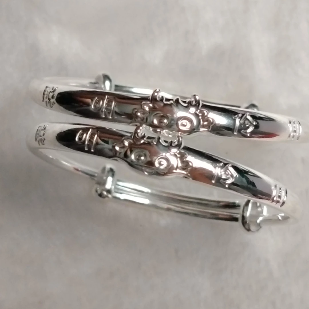 足银手镯 婴儿纯银满月手镯聪明宝宝银手镯素款实心手工可调节