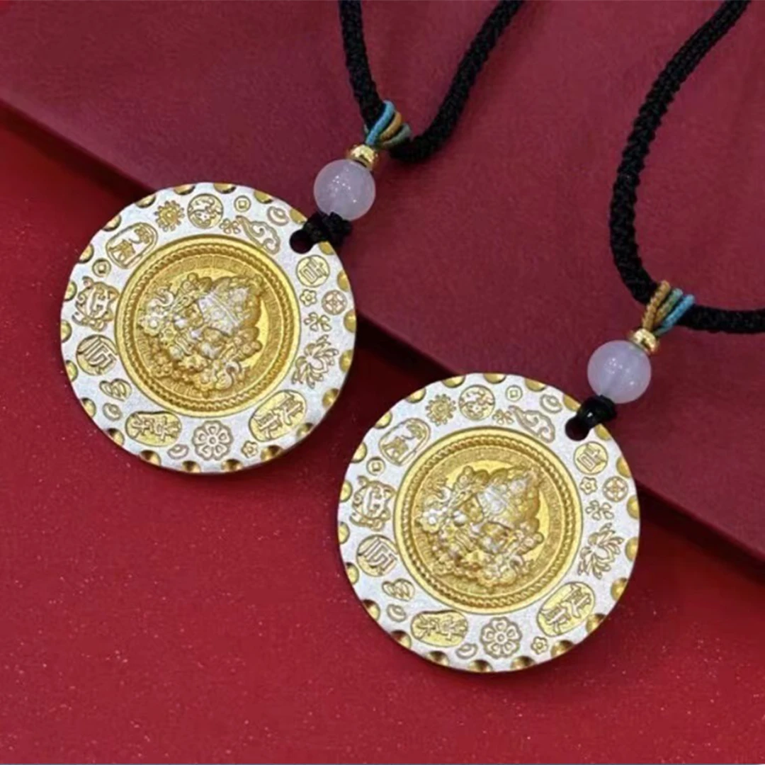 吊坠足银 古法描金黄财神吉言实心男士吊坠双面描金时尚宫廷挂坠