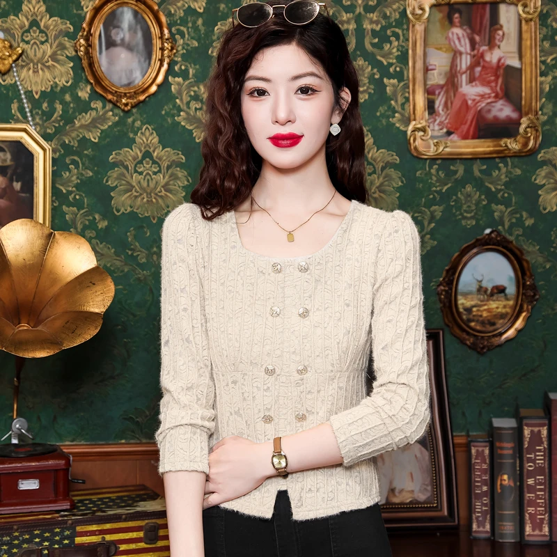 蕾丝打底衫2024新款秋冬方领长袖上衣